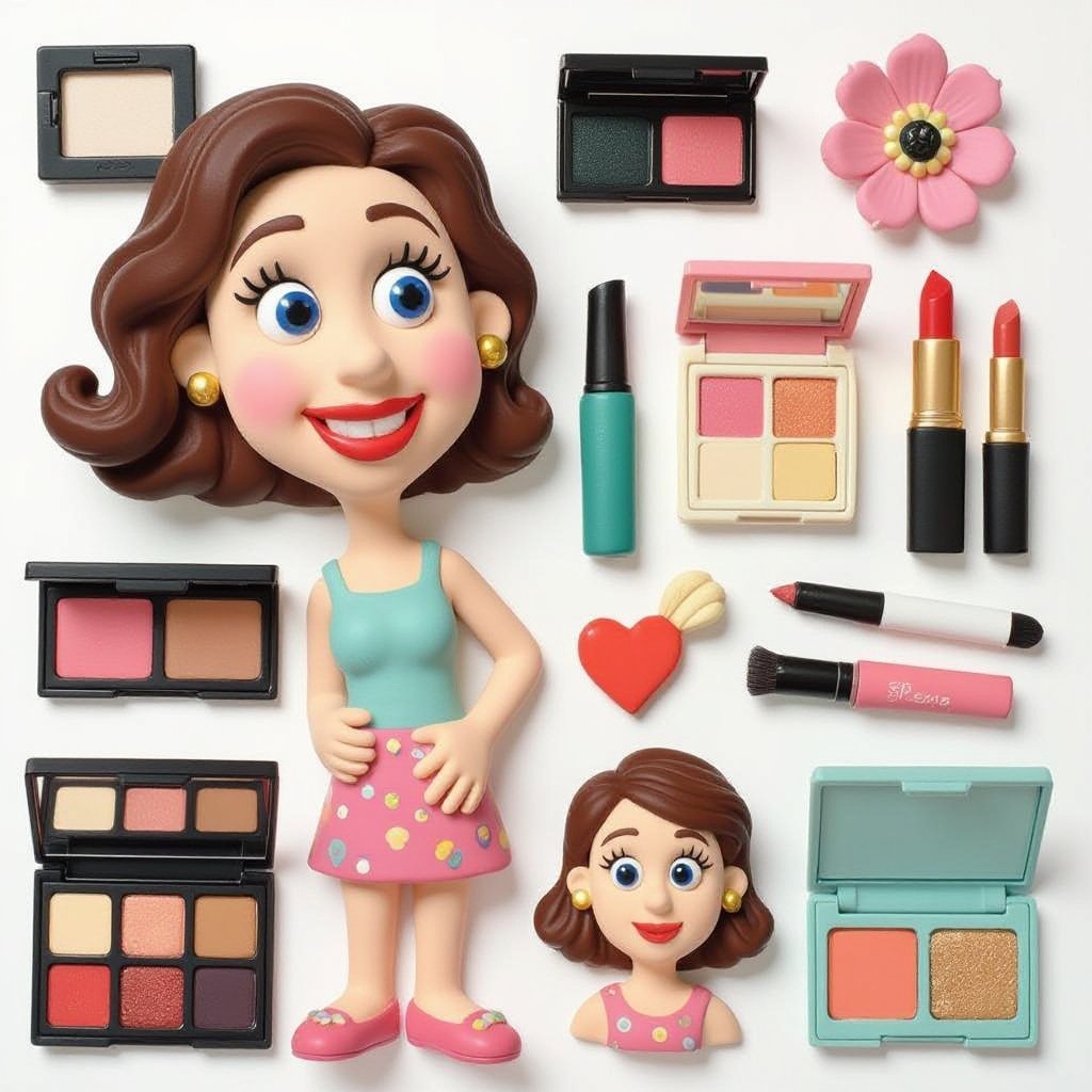Create a weird looking character showing there whole body head to toe, a lady who loves beauty products  