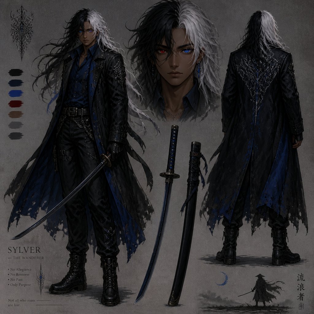 long black top half and white bottom half hair eye color sapphire blue iris for left eye with cat eye slit pupil and ruby colored right iris and normal pupil mocha color skin wearing blue and black trench coat and black pants with black boots wearing dark blue shirt name Sylver wearing a basic looking midnight blue handle with weathered black wrapping katana with dark steel colored blade and black sheath