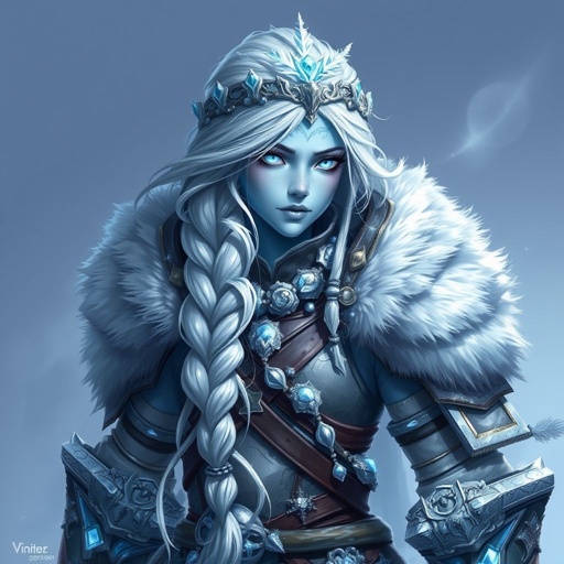 Create a character head to toe showing the whole character, meaning legs feet body face everything: A tall, battle-hardened woman with pale, icy-blue skin. Her long silver hair flows in braids tipped with frozen beads. She wears heavy, fur-lined armor made from the hides of snow beasts. Her eyes glow faint blue. A frost-shaped crown rests lightly on her head.