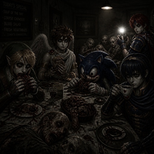 Super smash brothers link from legend of Zelda, pit from kid Icarus, and sonic the hedgehog as a human, Marth from fire emblem, Roy from fire emblem, in a restaurant Sonic eating really fast, link eating like a slob and pit just holding his sandwich being weirded out, Roy taking a picture of everyone, and Marth holding tea looking annoyed