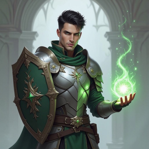 Male Cleric with heavy armor, and a shield white skin and short black hair. Green magic coming from his hands