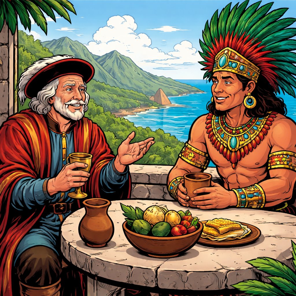 No caricature no speech bubbles an elderly blonde man in Renaissance or Nate robe and hat is speaking with a South American Aztec style man dressed in Aztec fashion. This is a friendly meeting. They’re sitting at a table overlooking the mountains and the sea no speech bubbles.