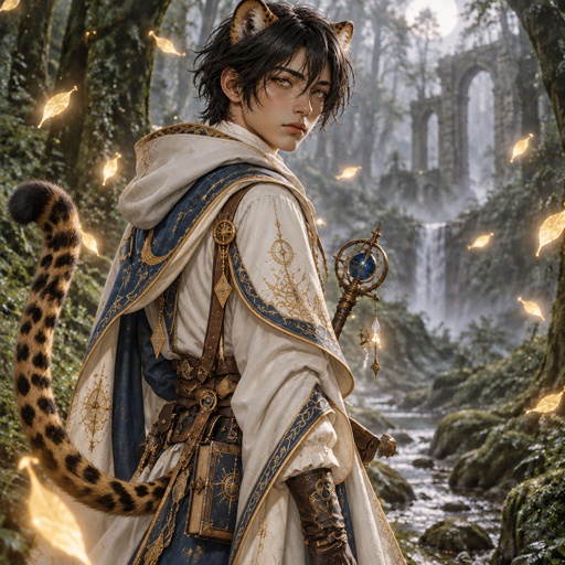 a man in a white and blue outfit with a leopard on his shoulder