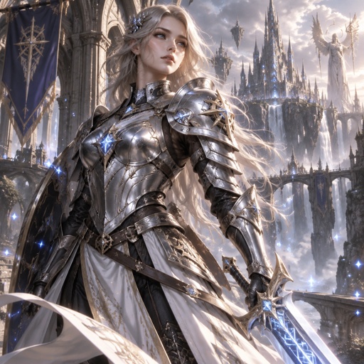 Gorgeous lady in a silver knight futuristic armor 