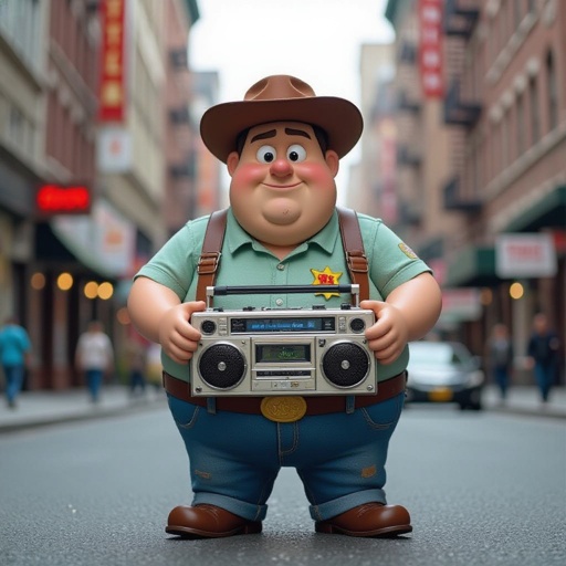 Create a funny fat guy who isnt friendly from New York  has a boom box radio , make it Toy Story graphics  