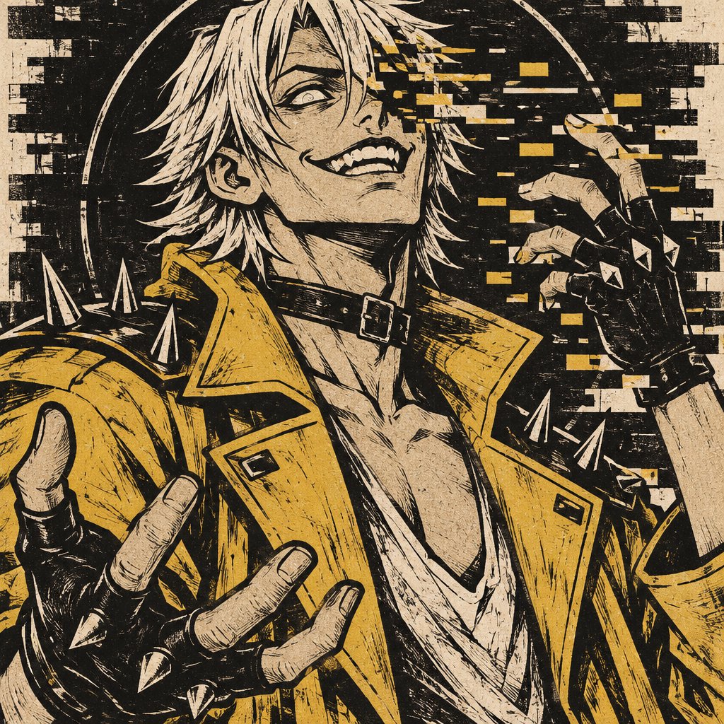 Male, cheekbones, white hair, smooth on top spiky on the bottom, neck length, white eyes, yellow trench coat, metal spike shoulder pads, black choker, low cut white shirt, fingerless gloves with spikes, insane smile, glitch powers, one missing glitchy eye, slim