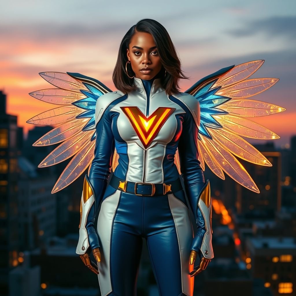 African American female superhero with shoulder length hair in a side part style and holographic wings wearing a homemade leather white and blue suit with gold accents and blue pants with a stylized V as her chest emblem wearing gold flat boots  made of gold fire standing in Philadelphia at dusk