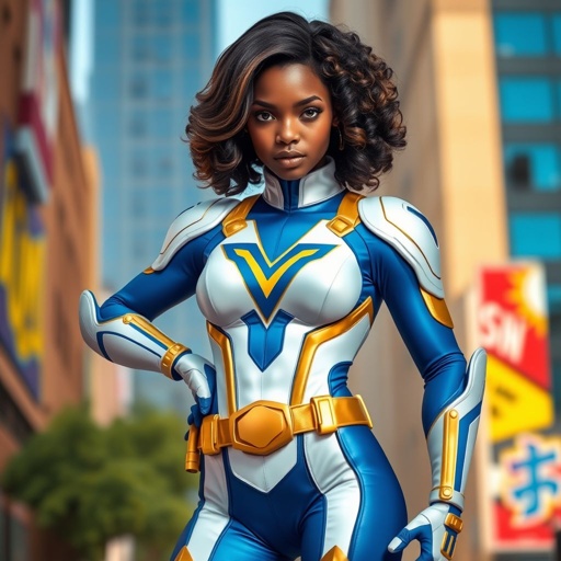 A teenage African American female with shoulder length curly hair  in a side part style superhero  wearing a MASK and a slightly armored white and blue suit with blue pants gold accents and a stylized V as her chest emblem a utility belt and gold boots