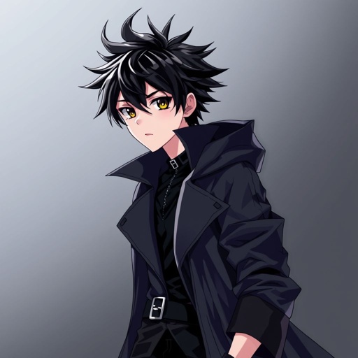 Create a teenage goth boy who has black hair, black eyes, pale skin and his attire is black.