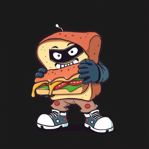Create a funny looking clumsy sandwhich thief with funny shoes on. Make him have on the bandit black thing around his eyes 