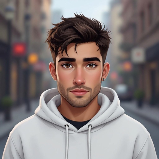 Mężczyzna o krótkich, ciemnobrązowych, włosach. z krótkim zarostem.  ciemne oczy. Ubrany w białą bluzę z kapturem. Wąskie usta, Gęste brwi. Bez kolczyków. pyzaty.