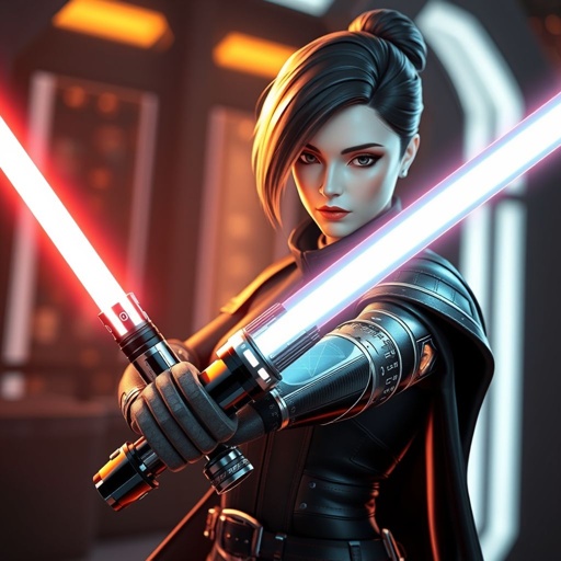 Lightsaber with a black hilt and a white blade. It has all the electronics visible through black stained glass and a metallic material