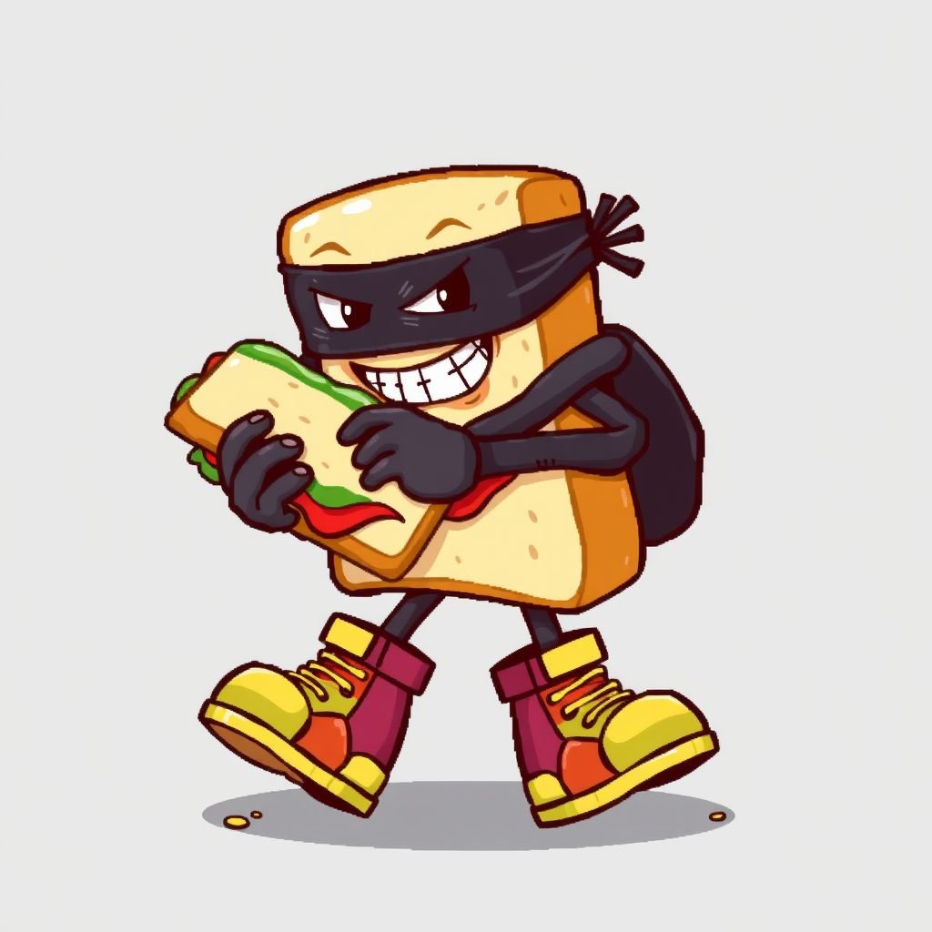 Create a funny looking clumsy sandwhich thief with funny shoes on. Make him have on the bandit black thing around his eyes