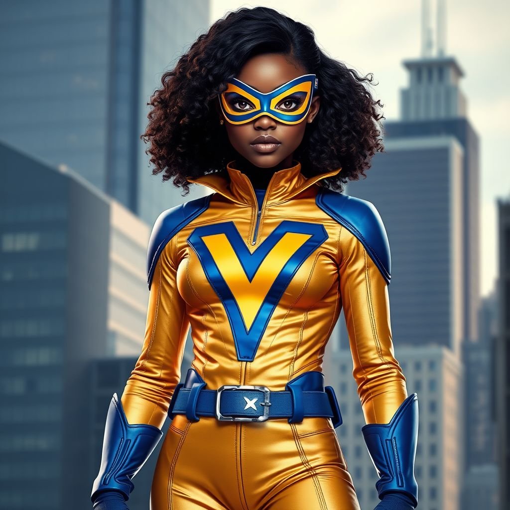 A teenage African American female superhero wearing a domino style mask with slightly curly hair in a shoulder length side part style  wearing a polyester and leather gold suit with blue accents gold pants and a stylized V as her chest emblem a utility belt and blue boot heel less standing in Philadelphia  