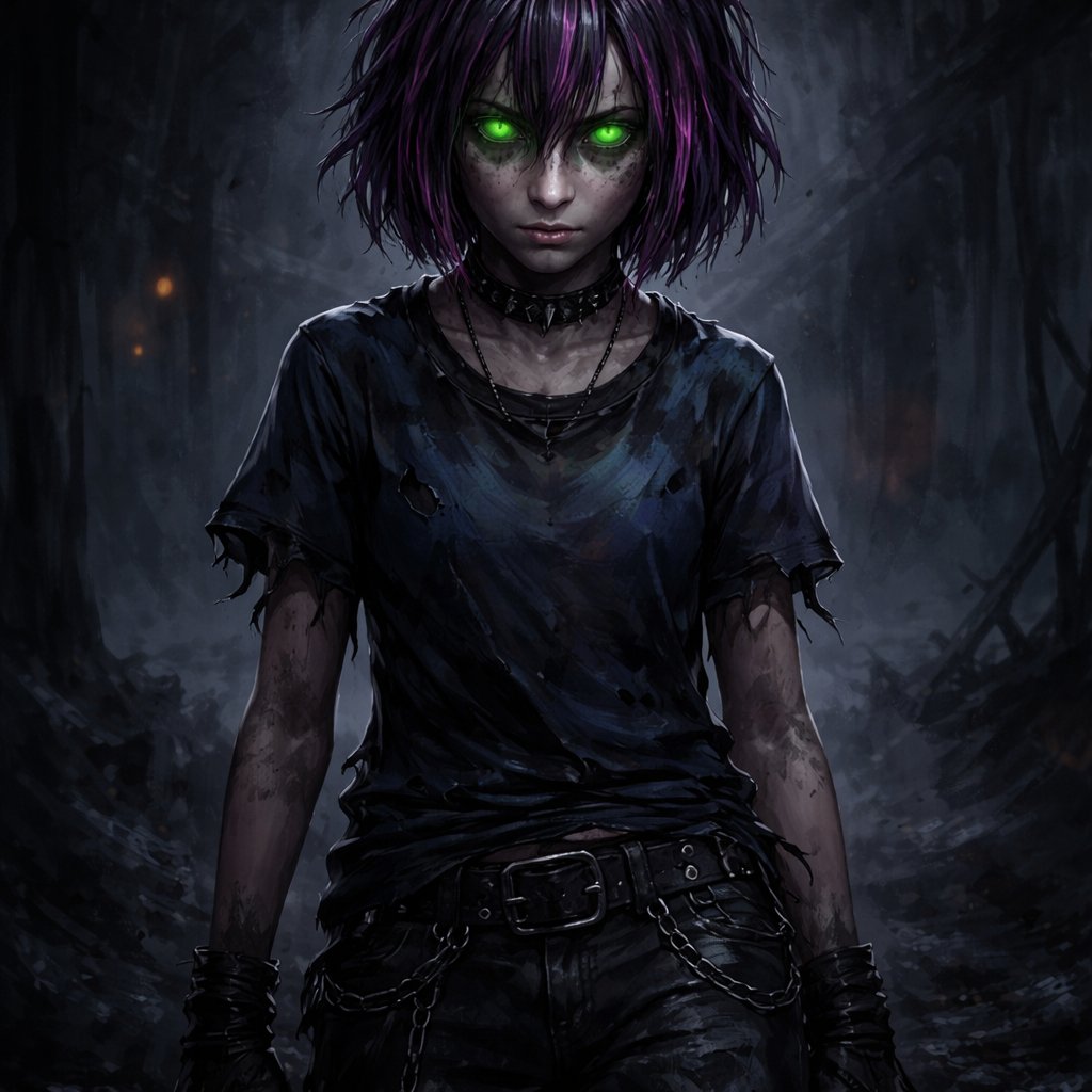 A 15 year old girl who has purple hair with pink stripes and has green eyes. She is wearing a blue shirt and black pants. She has short hair.
