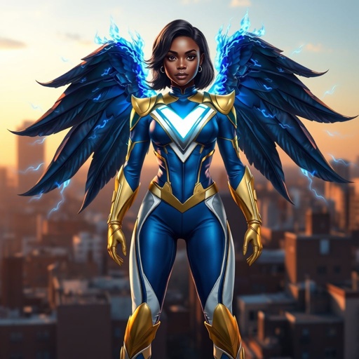 A young African American female superhero with shoulder length hair in a side part style wearing a blue and white suit made of spandex like material that’s slightly armored with gold accents with white pants and gold boots with a stylized V as her chest emblem with wings made of blue fire standing on a roof in a Philadelphia at dawn
