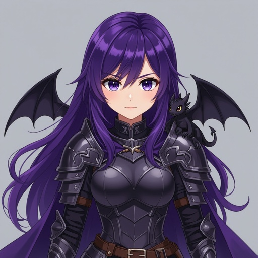 Female paladin with purple hair and a small black dragon on shoulders