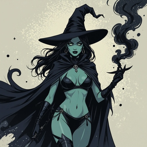 sexy shadow demon witch gypsy slate grey skin large black billowing cloak that emits darkness and shadow smoke. Two piece. Witches Hat.  Wields Black Evil Shadow Smoke Daggers