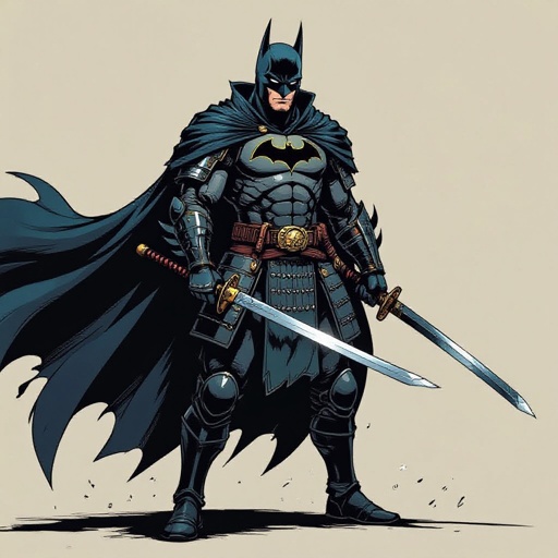 Batman wearing a cape with a samurai sword a chainmail