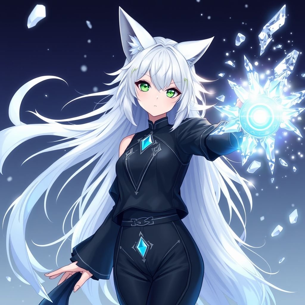 (Genshin Impact based) A pale teenage girl with a Cryo Vision wearing a royal black top and trousers with hair and small fox ears as white as snow with emerald eyes and conducting ice. She also has an ancient mythical right arm