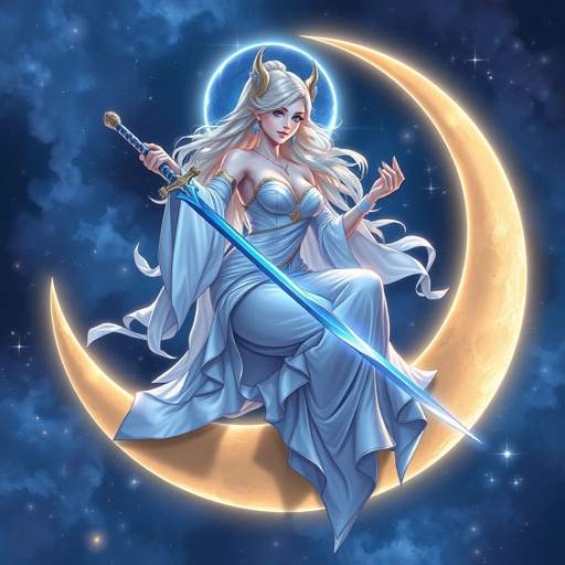 The moon goddess, with a sword painted blue, sitting on the moon, caressing it with its pale hands.