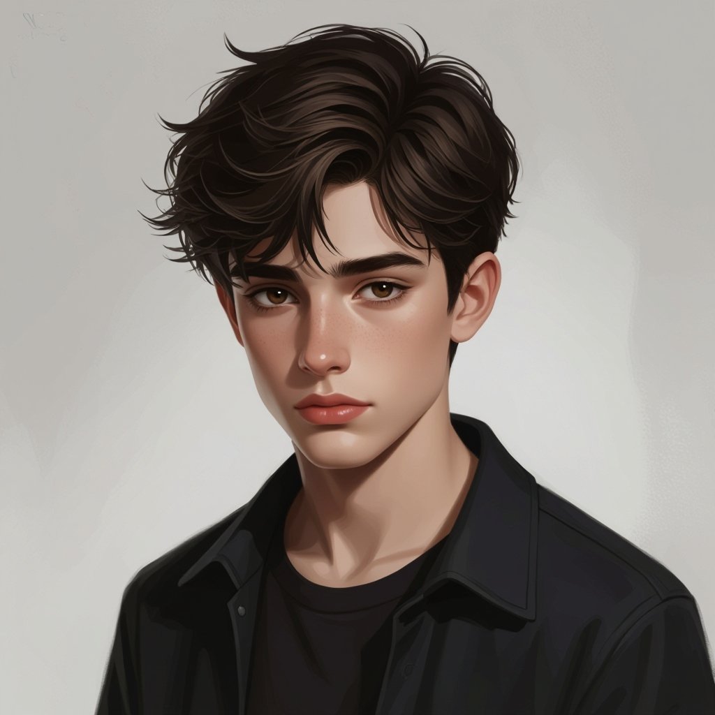 Dark Mysterious teen boy with dark brown hair brown eyes and with a dark past