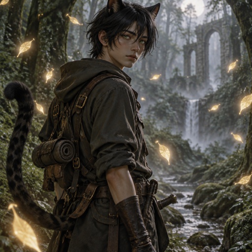 black medium length hair. sharp green eyes. jaguar ears and tail are black as well. wears adventurer clothing. has a slender frame. he has a cute look to him. the background is in a forest. he isn't sitting.