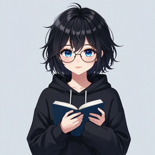 a girl with a flap chest, wears a oversized black hoodie and black shorts, has very short black, messy hair, beautiful blue eyes, wears perscription glasses, holding a book close to her chest, cute and beatiful
