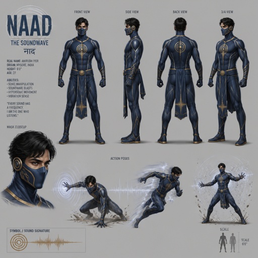 Make superhero with sound abilities, mask, Indian, multiple of the same character