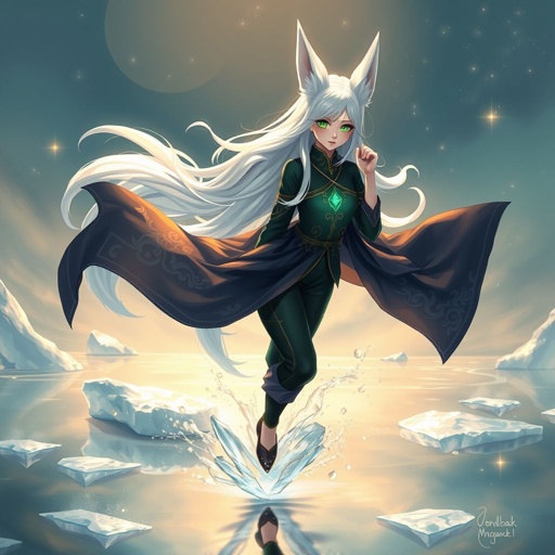 A teenage girl with pale skin wearing a royal black top and trousers with a hood, long hair as white as snow and small fox ears with emerald eyes walking on ice on the water