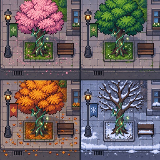 ordinary urban tree planted beside sidewalks, but with magical vines growing around it, for a fantasy game set in modern times, in all the seasons, top down style,