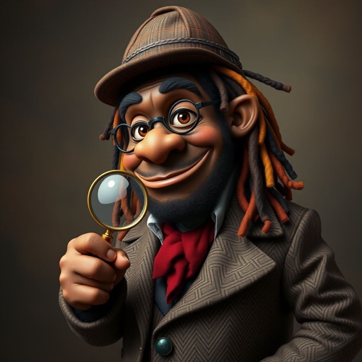 Create a funny serious fat character similar to Sherlock Holmes, but make him of black decent and with dread locks. Show his whole outfit including his shoes.