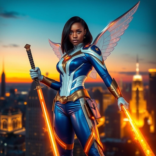 African American female superhero with shoulder length hair in a side part style and holographic wings wearing a homemade white and blue suit with gold accents and blue pants with a stylized V as her chest emblem wearing gold flat boots  made of gold fire holding a large glowing broadsword in her hands standing in Philadelphia at dusk