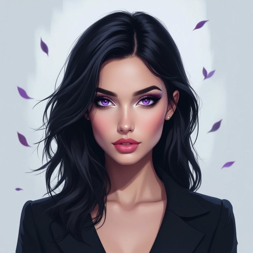 Create chunky mysterious woman jet-black hair is cut sharp to her jawline, and her violet eyes seem to pierce through darkness. A shadowy aura clings to her form, faint shapes shifting and flickering behind her like whispers of another realm.
