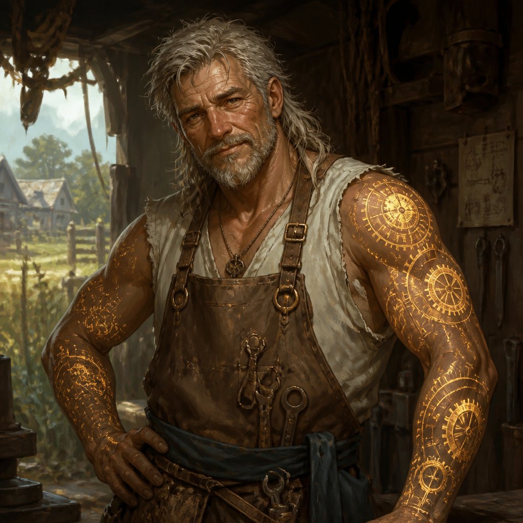 Older farmer man, with a sleevles top, short beard, messy mullet, with clockwork tattoos allover his arms