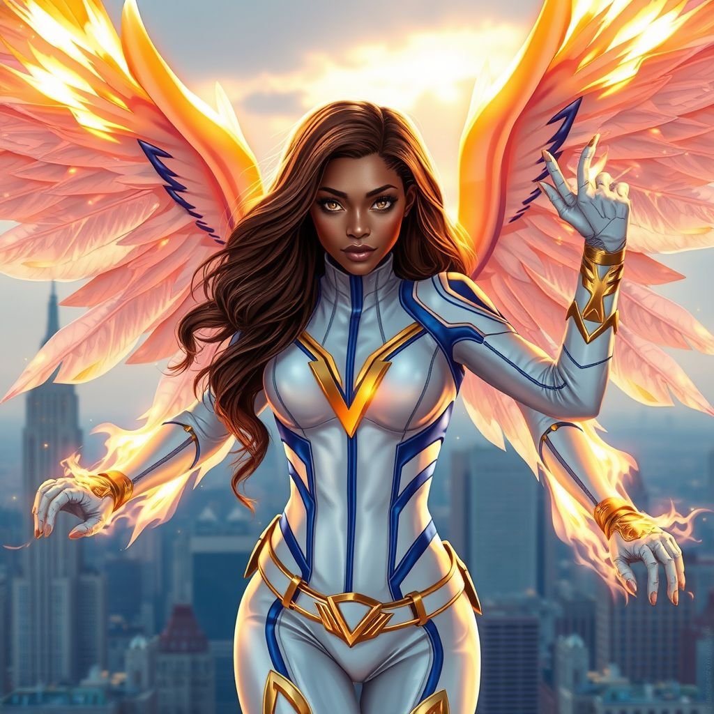 A teenage African American female superhero with brown hair with gold highlights in a shoulder length side part hairstyle with pure Gold Glowing eyes wearing a white suit with gold and royal blue  with white pants and gold and white knee length boots with a utility belt with a gold V  as her chest emblem with glowing  wings made of white fire in Philadelphia 