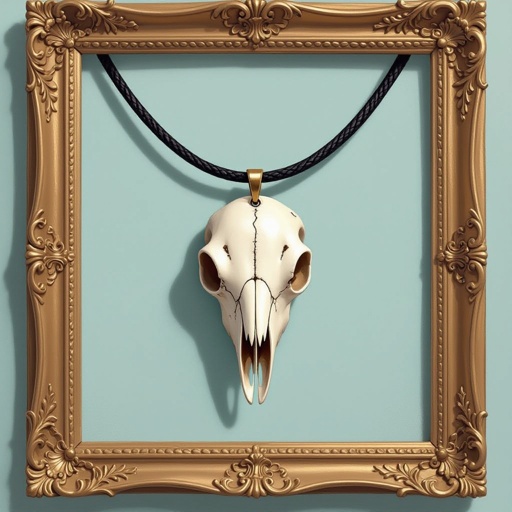 Take this picture and make it a front view add a bird skull to the necklace