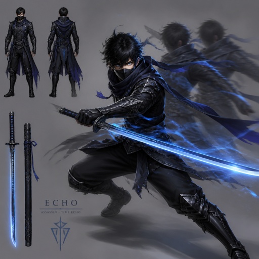 male assassin name echo, time power, light blue eyes, blue shadow katana