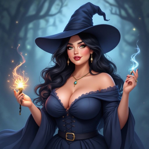 A curvey plus size witch with long hair and a very dark greyish blue witch hat that matches with her dress with a wand in her hand