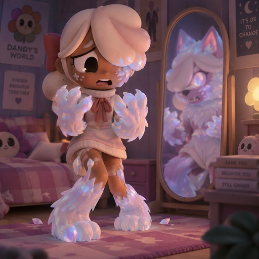 Ginger from dandy’s world in her room turning into a opalite werewolf 