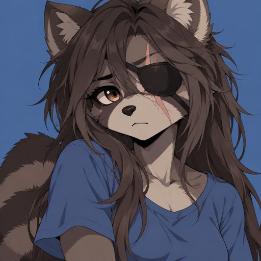 Female raccoon furry ,scars, missing eye, long hair