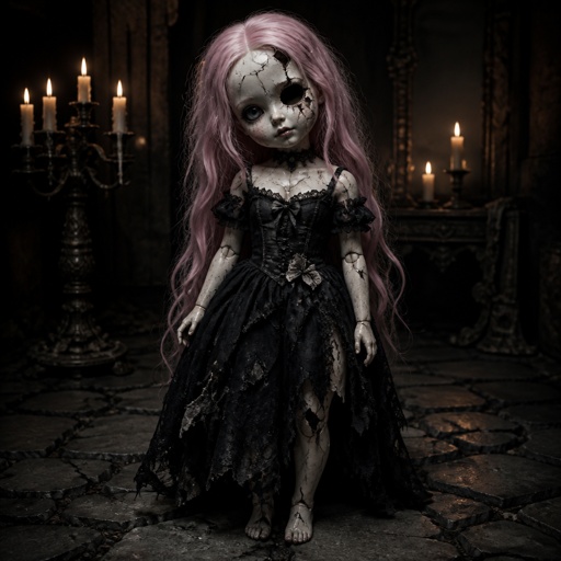 Gothic porcelain doll. Cracked, missing eye, long pink hair