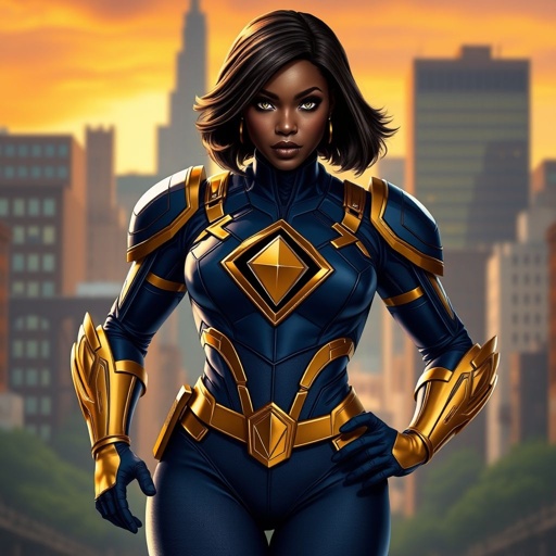 African American female superhero with hair in a shoulder length side part hairstyle with pure Glowing eyes wearing a leather slightly armored navy blue white and gold suit with navy blue pants and gold boots and a gold diamond within a black hole as her chest emblem in Philadelphia