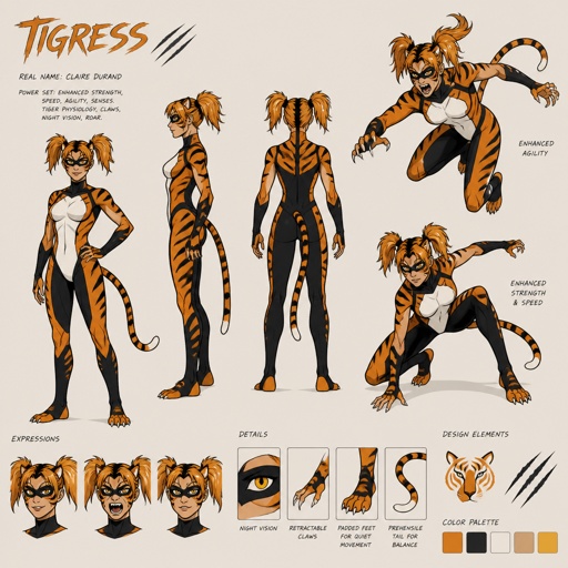 Female superhero with tiger powers, tiger appearance,pigtails, mask, multiple of the same character 