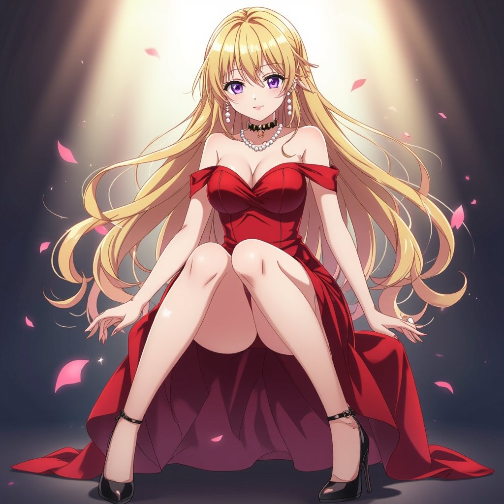 She has blonde hair and purple eyes and a red dress and black high heels and pearl earrings 