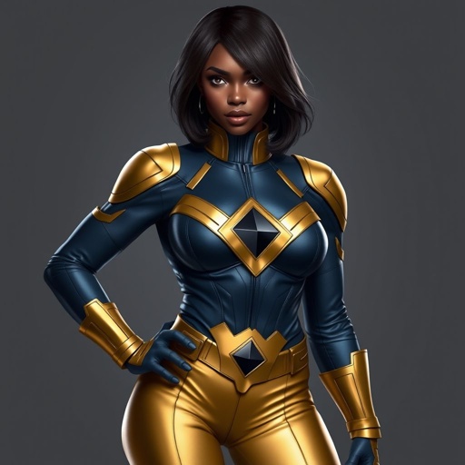 African American female superhero with hair in a shoulder length side part hairstyle with pure silver Glowing eyes wearing a leather slightly armored navy blue and gold suit with navy blue pants and gold boots with a diamond with the top half gold and the bottom half black her chest emblem in Philadelphia