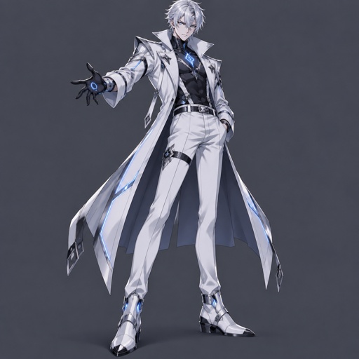 Outfit for a male Villian in a futuristic setting, simple, full body, light colored, technology 