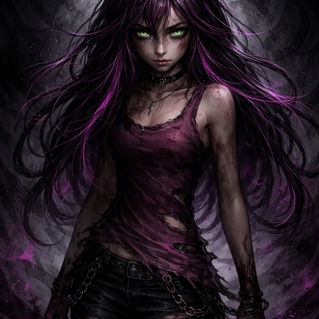 A 15 year old girl who has purple hair with pink stripes and she has green eyes. She is wearing a dark pink tank and black pants. She looks energetic.