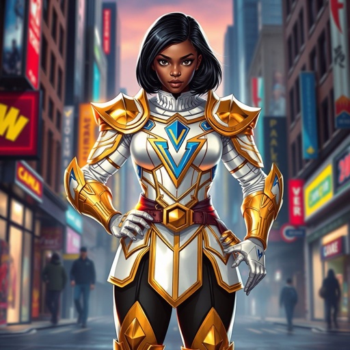 A teenage African American female superhero with hair in a shoulder length side part style wearing a slightly medievally armored white and Gold suit with blue accents and a stylized V as her chest emblem a utility belt and gold boots standing in Philadelphia