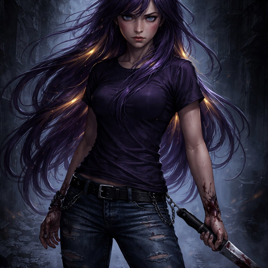 A 17 year old girl who has purple hair with gold stripes and has blue eyes. She is wearing a purple shirt and jeans. She looks strong. She is holding a small knife at her side.